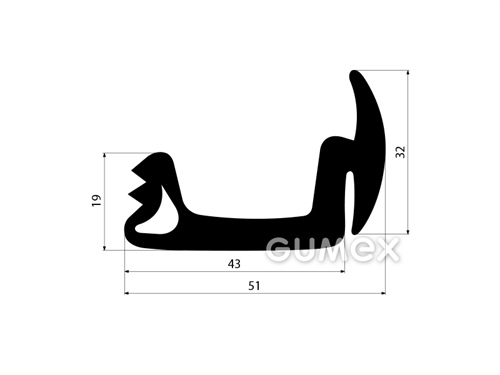 Pryžový profil tvarový s dutinkou, 32x51mm, 65°ShA, EPDM, -40°C/+100°C, černý